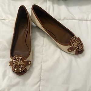 Tory Burch Cream Canvas and Brown Leather Logo Ballet Flats
